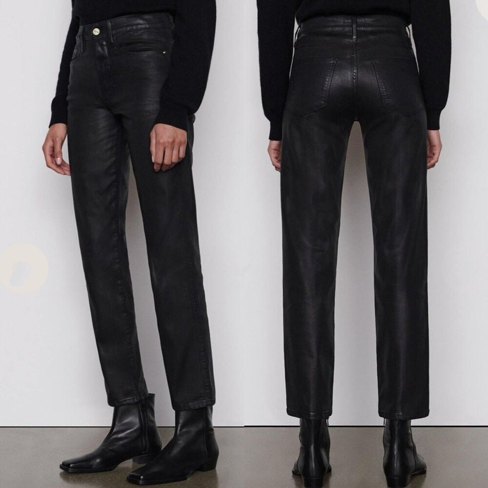 FRAME Le Sylvie Slender Straight High Rise Coated Jeans Black